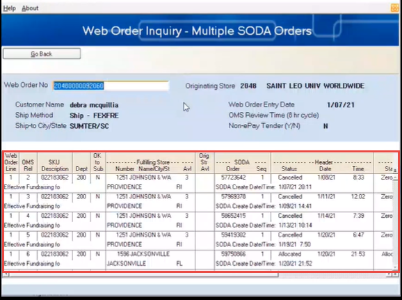 RALPH - SODA - Web Order Inquiry - Multiple SODA Orders
