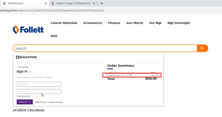 eFollett - TIP - Order Summary Digital Delivery Fee displayed