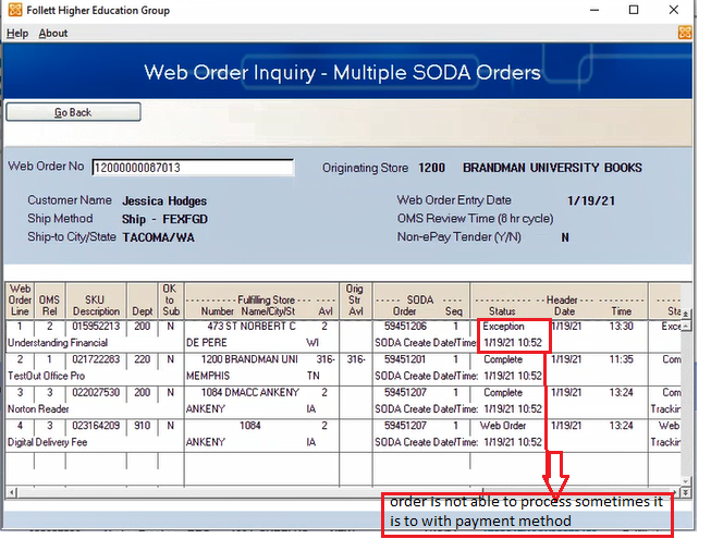 SODA - Web Order Inq - Mult Ord Payment error for item