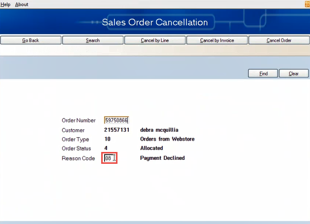 RALPH - Sales Ord Cancel - Chng Reason Code to 01