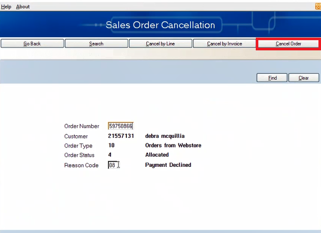 RALPH - Sales Ord Cancel - Select Cancel Order