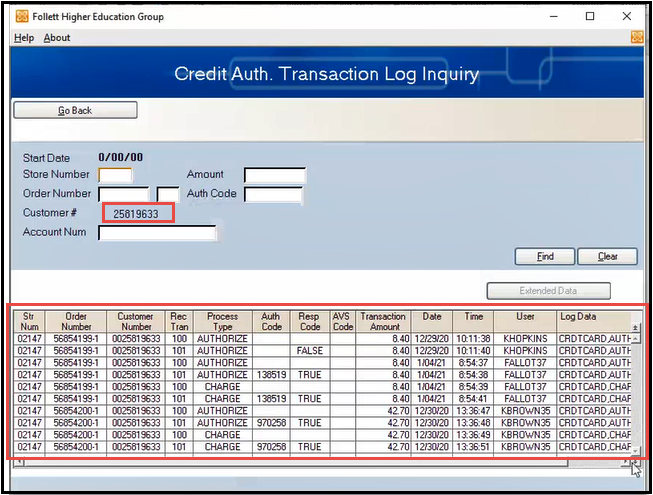 RALPH - SODA Credit Auth. Transaction Log Inquiry screen displays