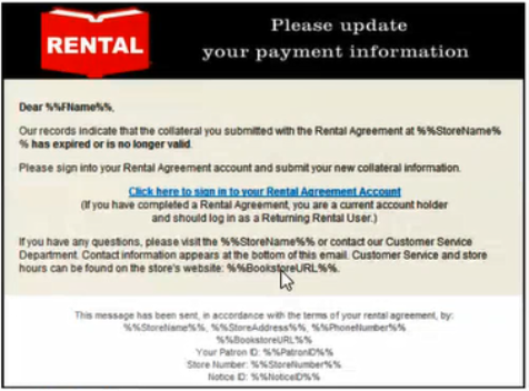 RALPH - Rental collateral payment information update email to a customer