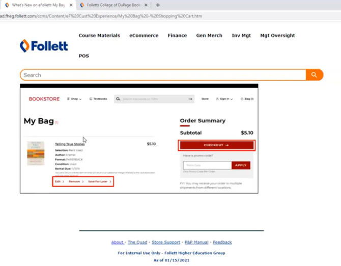 eFollett - TIP - My Bag edit save or checkout