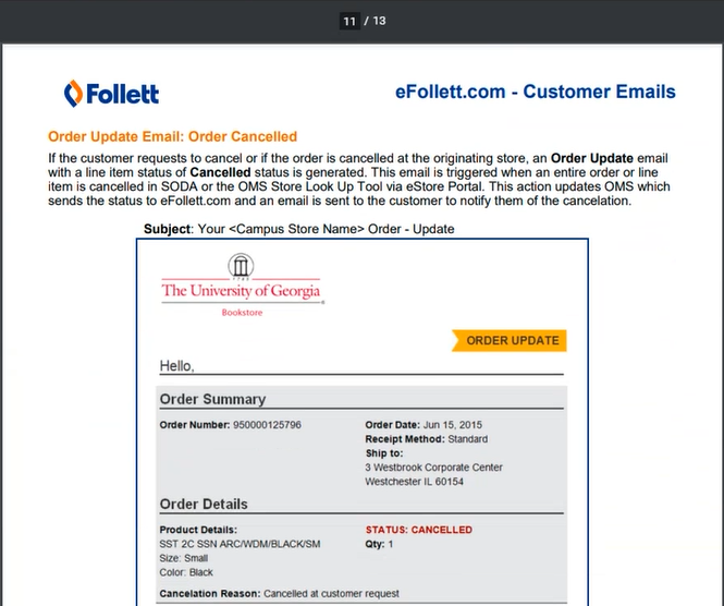 eFollett - Order Cancelled Cust email